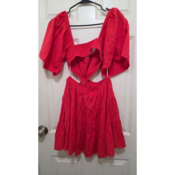 Free People Red Cross Of Sunlight Beach Tiered Mini Dress Puff Sleeves & Smocked - Picture 5 of 6